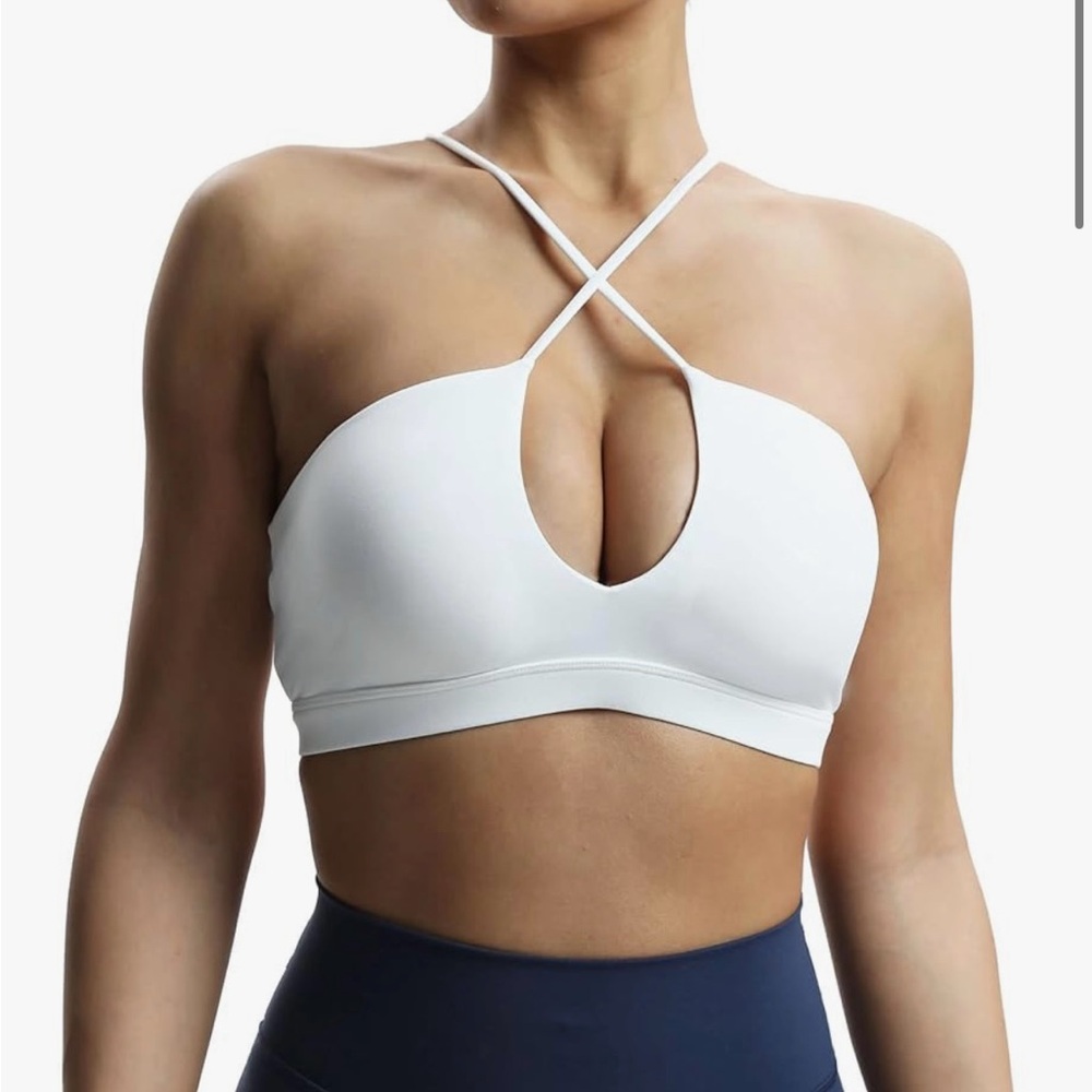 White Criss-Cross Crop workout sports bra Top with Keyhole Detail Ali style